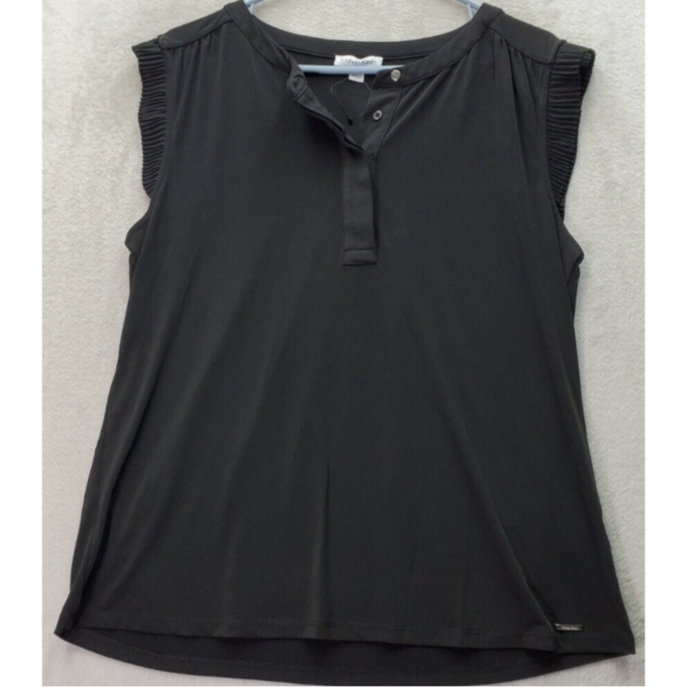 -Calvin Klein Black Sleeveless Button Front Blouse XL NWOT